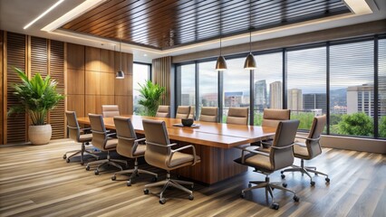 Fototapeta premium A sleek, high-gloss boardroom table with ergonomic chairs accommodates a diverse group, fostering collaboration and
