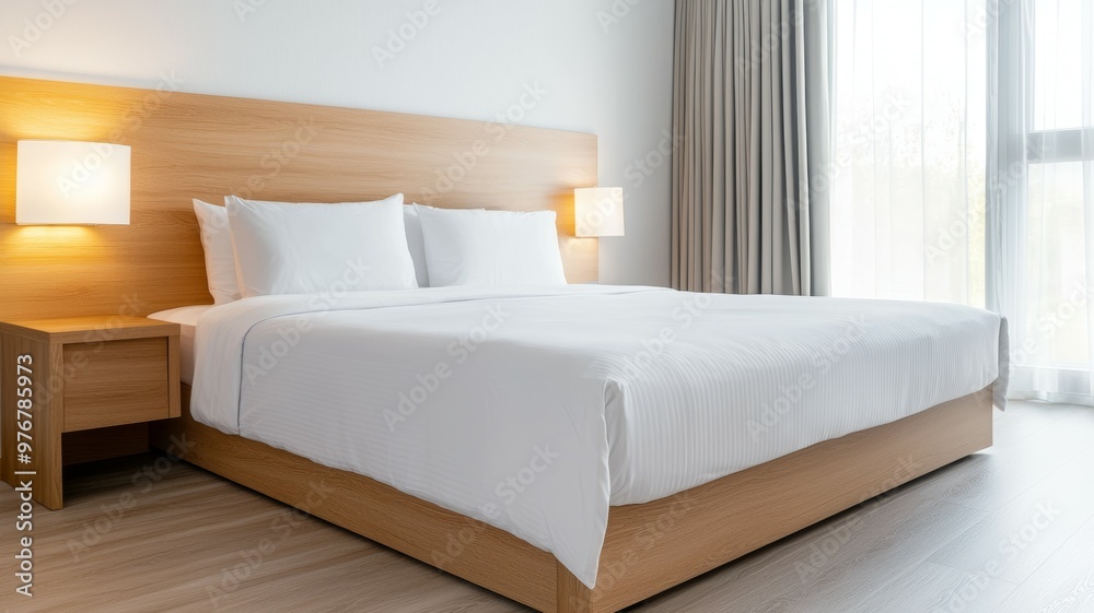 Wall mural A large bed with white sheets and pillows is in a hotel room