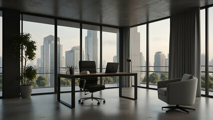 Fototapeta premium 3D rendering of a modern office desk with a computer and chair by a large window.