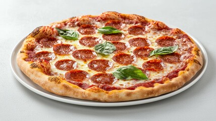 A pizza with pepperoni and basil on top