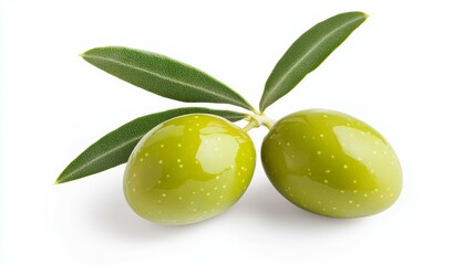 Obraz premium Two green olives with a leaf on top