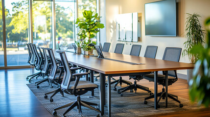 Fototapeta premium A stylish conference room with a long table, comfortable chairs, and video conferencing equipment.