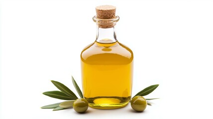 A bottle of olive oil is on a white background