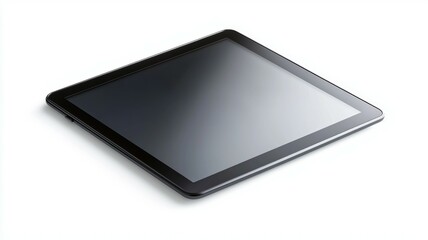 A black tablet with a gray screen sits on a white background