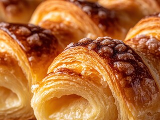 Close-up of flaky, golden French croissant  
