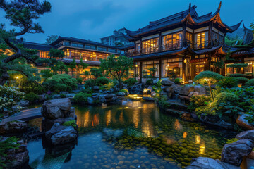Obraz premium Chinese architecture at night, pavilions and towers