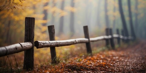 Broken Wooden Fence in a Misty Autumn Forest.
