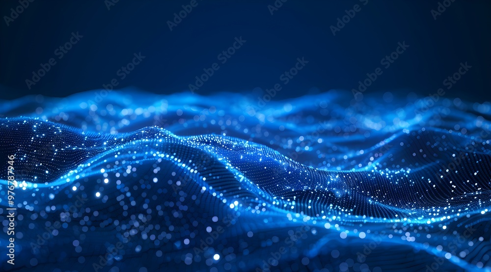 Poster abstract blue digital background with glowing particles and network connections, creating an elegant