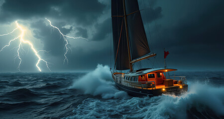 Naklejka premium Une tempête féroce frappe un bateau à voile, ses voiles se battant contre des rafales intenses alors que l'équipage lutte pour garder le cap.