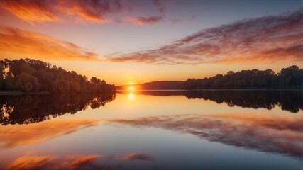 Fototapeta premium colorful sunrise over a lake with the reflection of the sky mirrored.