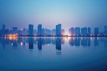 At night, the city's high-rise buildings by the lake
