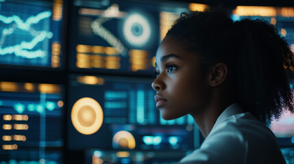 African American woman analysing cyber security, data research, ar. Young scientist, data safety blue orange purple hologram. Big data, augmented, virtual reality, machine learning AI concept.