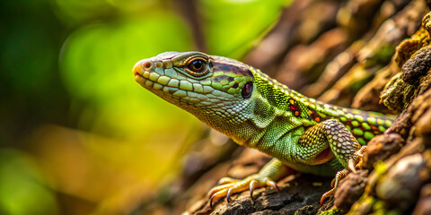 Fototapeta premium A close-up image of a lizard camouflaged among the trees in the forest, lizard, reptile, forest, nature