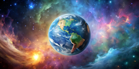 Beautiful image of Earth floating in space with colorful nebula in the background, earth, space, planet, universe, galaxy