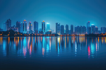 Obraz premium At night, the city's high-rise buildings by the lake