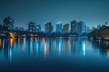 Naklejka premium At night, the city's high-rise buildings by the lake