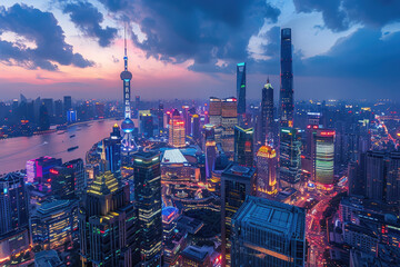 Fototapeta premium At night, high-rise buildings in modern cities