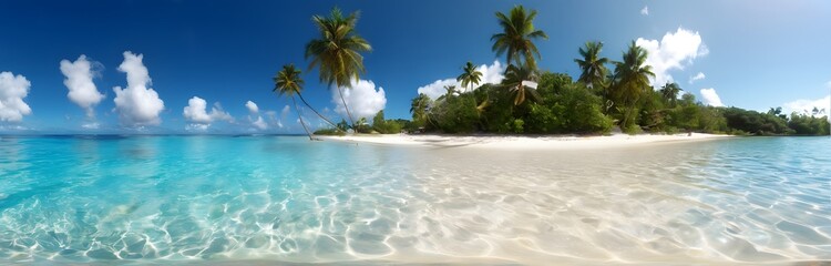A 360-degree image of a pristine tropical beach, with white sand, crystal-clear water, palm trees, and beach goers relaxing, swimming, or snorkeling. HDRI spherical panorama.