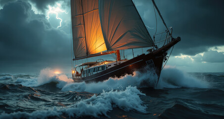 Obraz premium Un bateau à voile se bat contre une mer agitée, ses voiles fouettées par le vent tandis qu’il résiste courageusement à la force dévastatrice de la tempête.