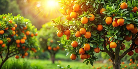 Clementine tree boasts vivid orange fruits amidst lush green leaves in a sun-drenched orchard, where warm rays coax