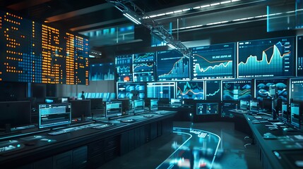 Futuristic trading room is equipped with digital screens displaying financial data graphs diagrams to monitor analyze market trends real-time providing a visual representation of the financial world.