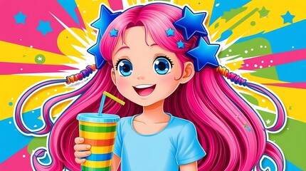 Cheerful illustration of a young girl with expressive blue eyes and pink hair, smiling with a colorful striped cup, against a lively background of splashes and stars.