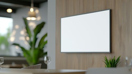 A white wall with a large blank television screen