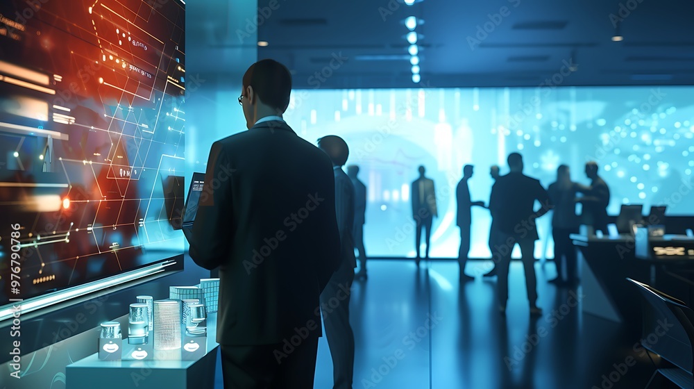 Poster group of businessmen gather around a large screen displaying data and visualizations in a futuristic