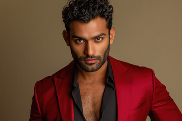 Obraz premium young indian man wearing red suit on beige color background