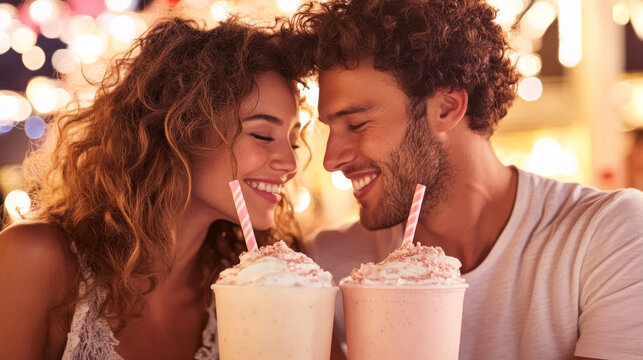 Couple sharing milkshake with two paper straws, enjoying romantic moment together.