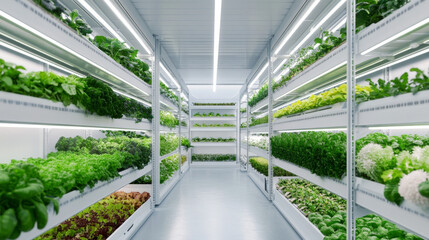 Futuristic indoor farm with vertical shelves filled with fresh greens, showcasing modern urban agricultural setting.