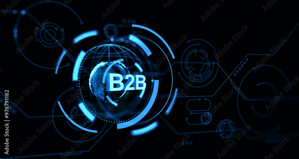 Poster digital b2b network concept with futuristic interface. 3d rendering