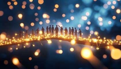 A group of people standing on a bridge surrounded by glowing lights against a dreamy, blue background.
