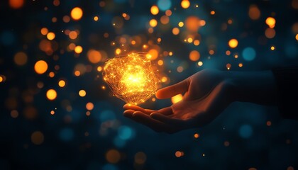 A hand holding a glowing light orb surrounded by abstract bokeh lights, symbolizing magic, energy, and creativity.