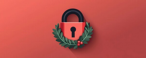 Home lock icon with holiday wreath, safety theme, flat design illustration