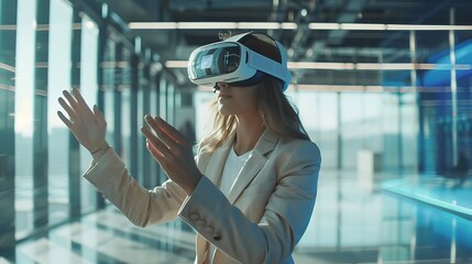 Businesswoman wearing VR headset with hands reaching out for immersive virtual experience exploring new possibilities in modern office digital innovation environment concept.