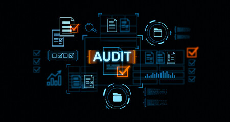 Fototapeta premium Glowing audit hologram icons, data analysis and certification