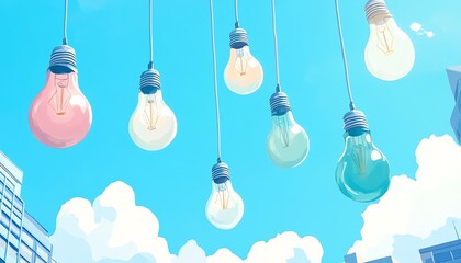 Colorful lightbulbs hanging against a bright blue sky with fluffy clouds, creating a cheerful and creative atmosphere.