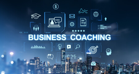 Business coaching concept with digital icons and cityscape background.