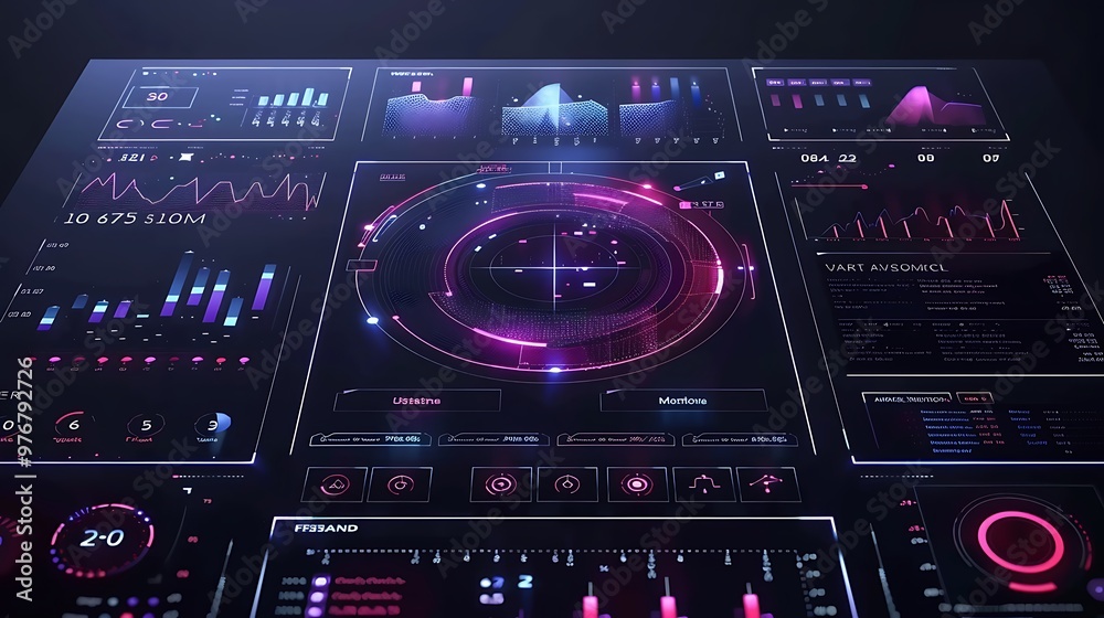 Poster futuristic display with a digital interface showing various data visualizations.