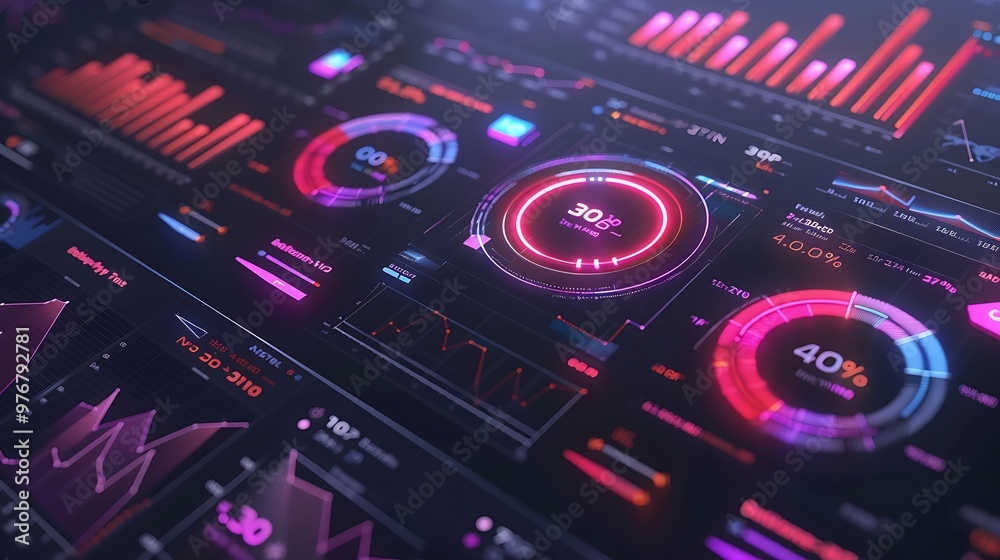Poster Close-up view of futuristic digital interface with glowing charts graphs and data displays for advanced analytics high tech interaction and innovation concept.