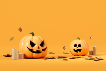 Halloween pumpkins with candles and falling leaves on orange background. 3D Rendering