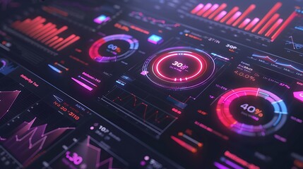 Close-up view of futuristic digital interface with glowing charts graphs and data displays for advanced analytics high tech interaction and innovation concept.