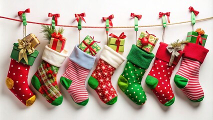 Funny and frivolous Christmas stockings bursting with goodies and suspended in mid-air against a pristine white