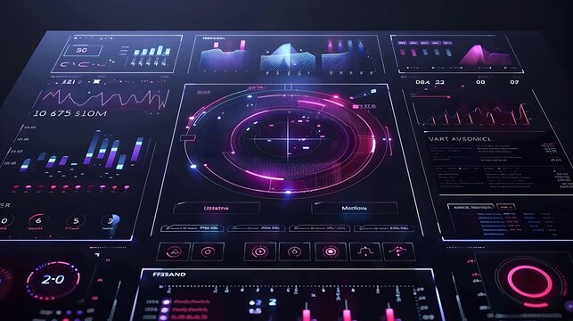 Futuristic display with a digital interface showing various data visualizations.