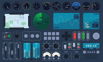 A set of control panel elements. Various measurement sensors. Aircraft, rotorcraft, station control. Various switches, buttons, measuring devices. Vector illustration