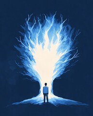 Silhouette of a person standing before a glowing, blue abstract tree, symbolizing inspiration and creativity.