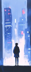 Silhouette of a person standing in front of futuristic cityscape with glowing skyscrapers in a cold blue ambiance.