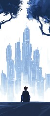 Silhouette of a person sitting under trees, gazing at a futuristic cityscape in the distance, evoking a sense of wonder and futuristic dreams.
