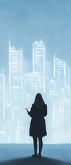 Silhouette of a person standing with a smartphone against a modern cityscape background painted in cool tones